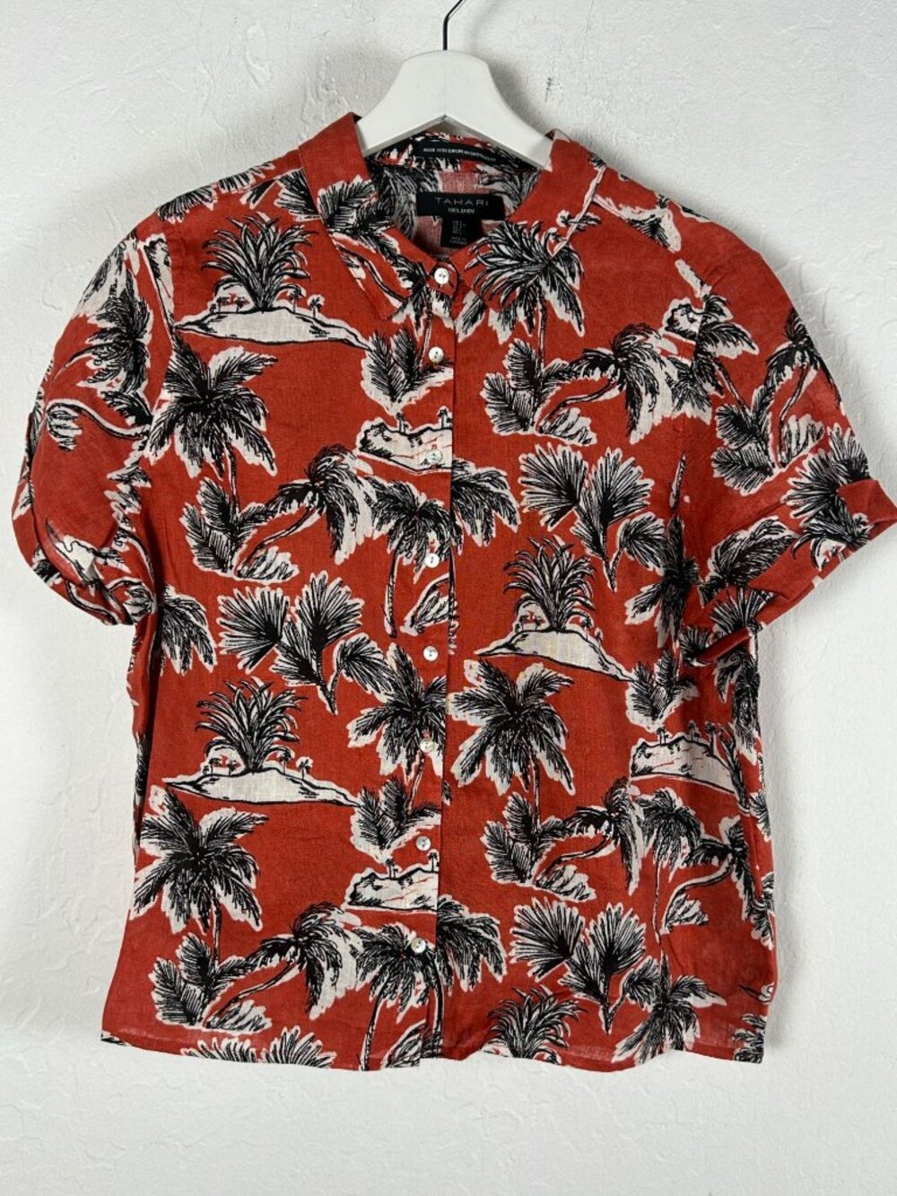 Tahari Womens Red & Black Tropical Palm Print Linen Button-Up Shirt Large NWOT